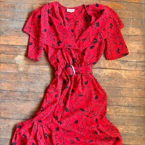 Vintage 80's / 90's Red & Black Joli Coeur Janin Dress Glam Midi Rocker 11 / 12